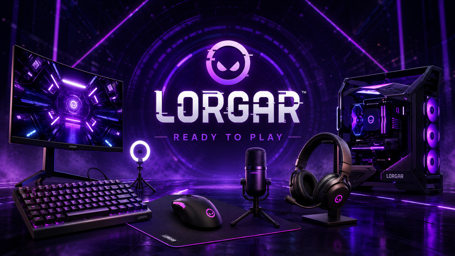 Gaming setup with LORGAR logo in a dark, futuristic setting